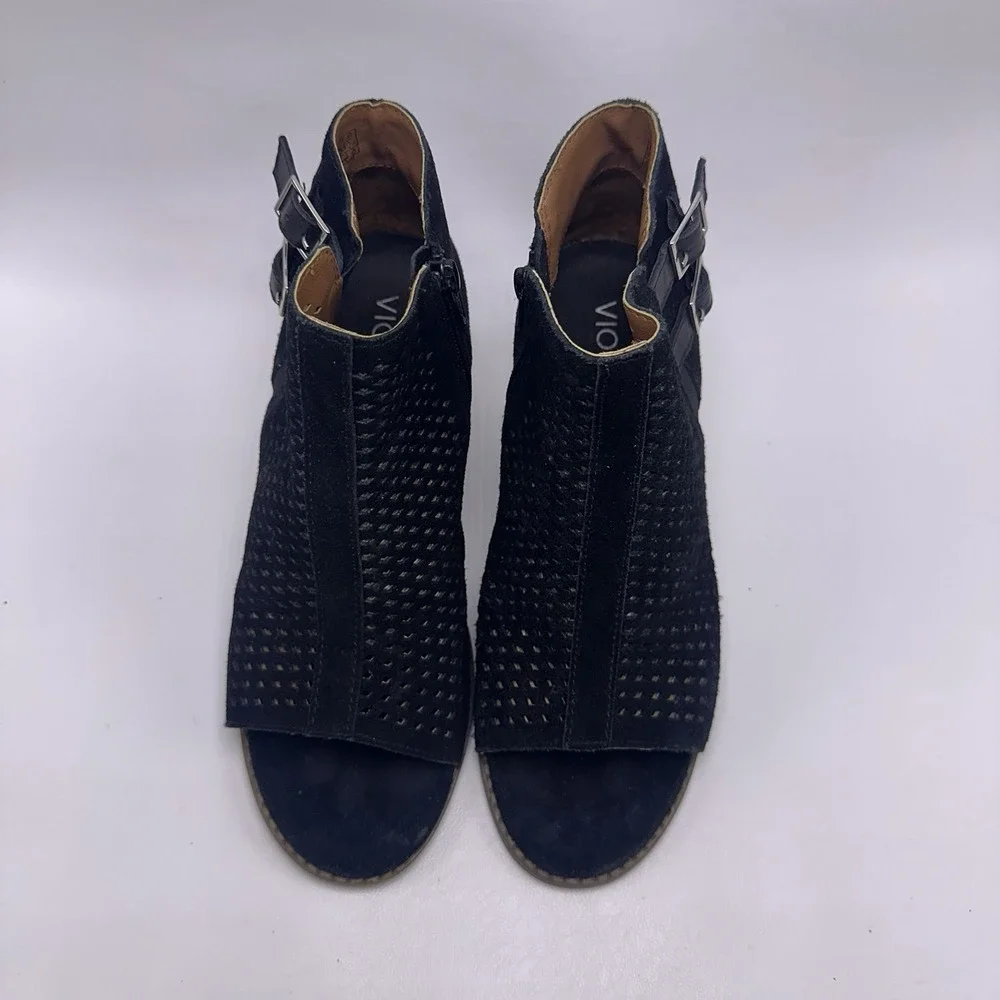 Vionic Chryssa Perforated Black Suede Heels Peep Toe Booties‎ Women Sz 7.5 M