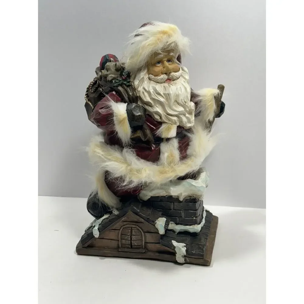 Vintage Wood Carved Art Santa Claus Entering Chimney With Sack Of‎ Toys Figure