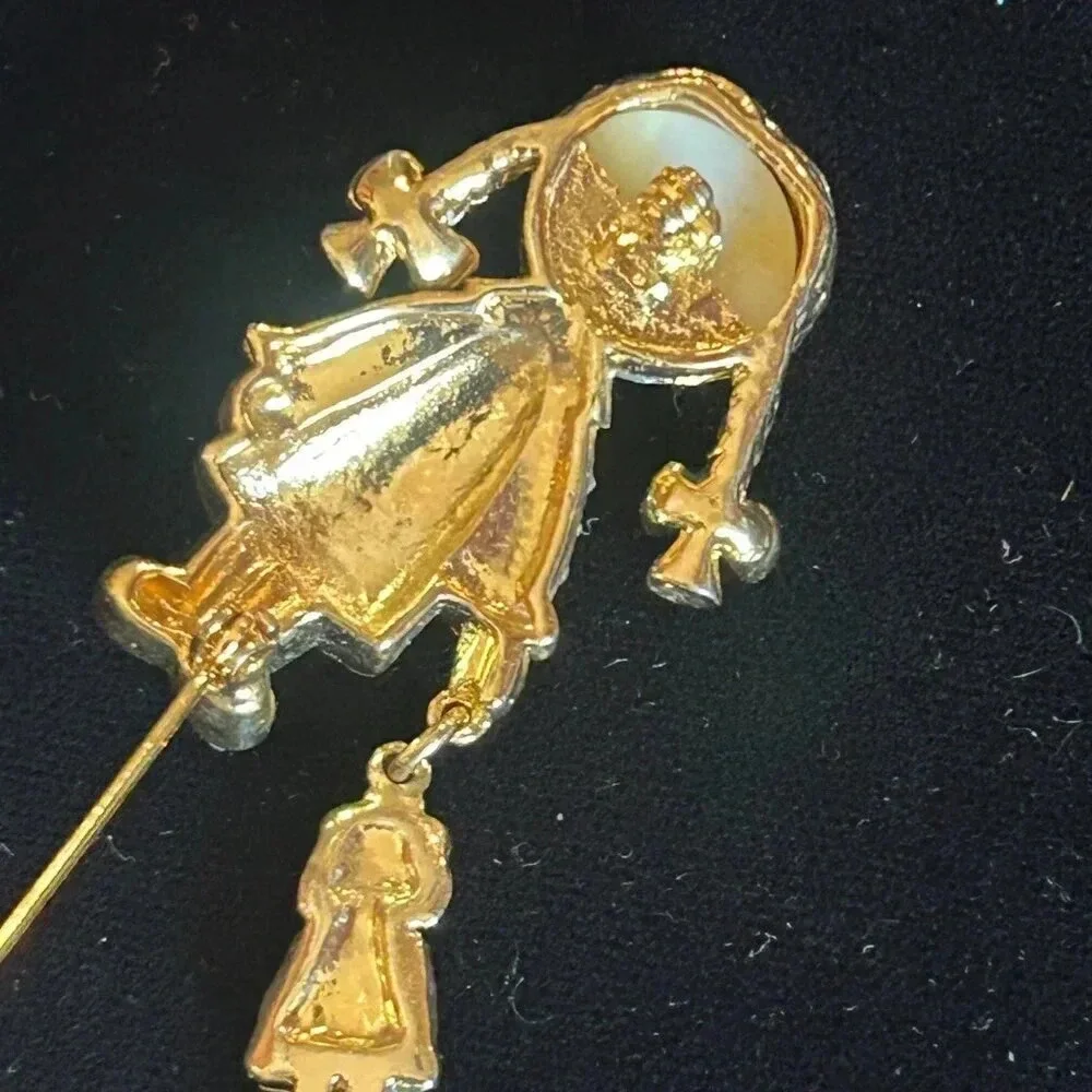 Vintage Gold Rhinestone Enamel Faux Pearl Girl with Doll Brooch Pin
