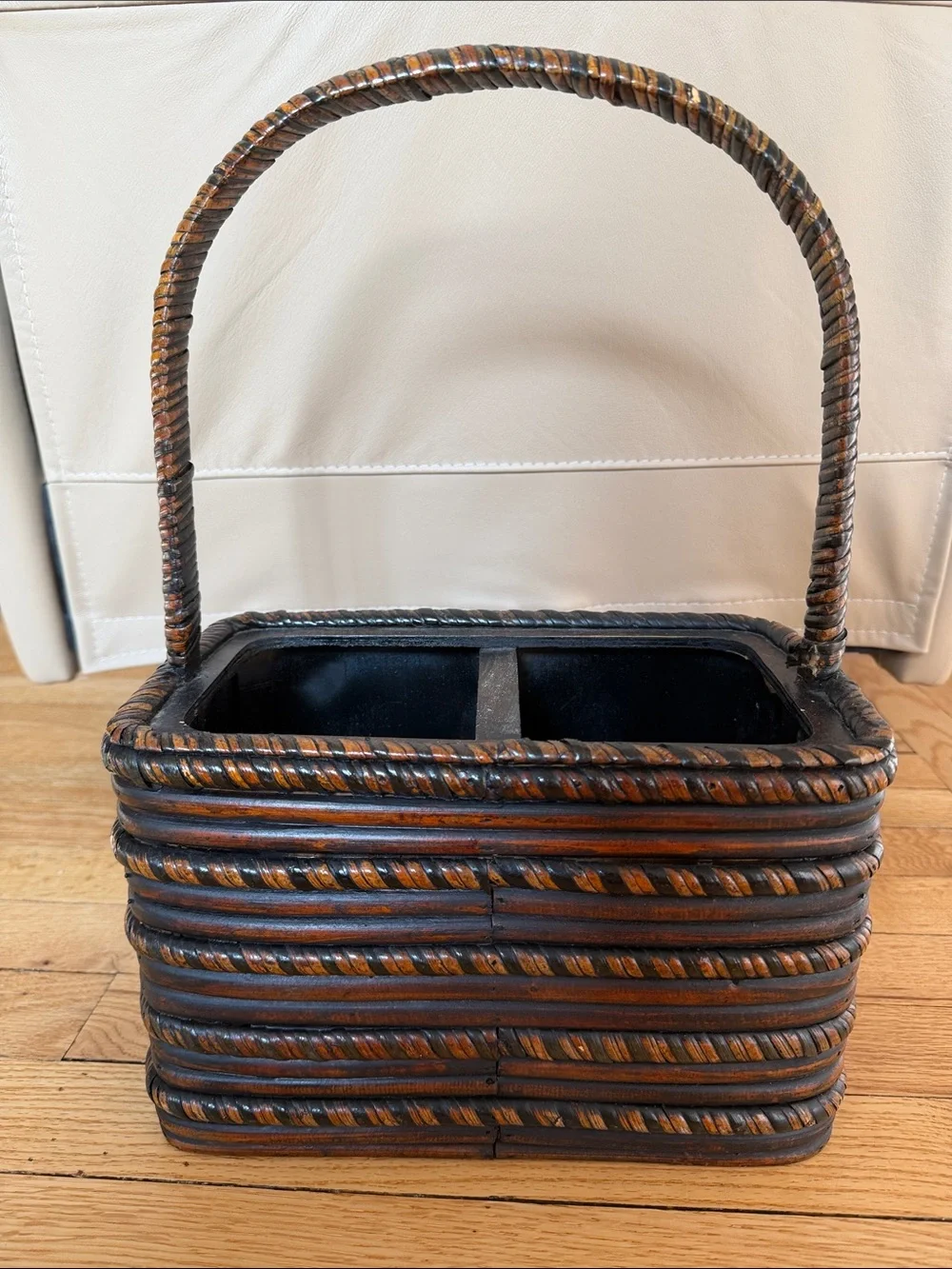 Woven Two-Compartment picnic wine Handled Basket - Brown & Black solid