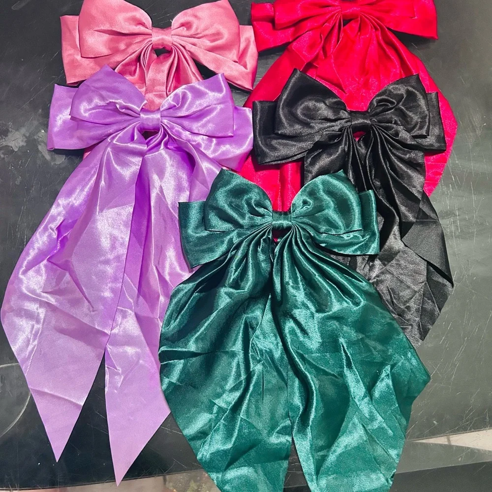 5-Piece Large Satin Hair Bow Barrette Set Colorful Girls Women NWT