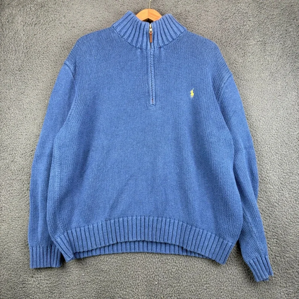 Polo‎ Ralph Lauren Mens XXL Blue Cotton Shaker Knit Quarter Zip Pullover Sweater