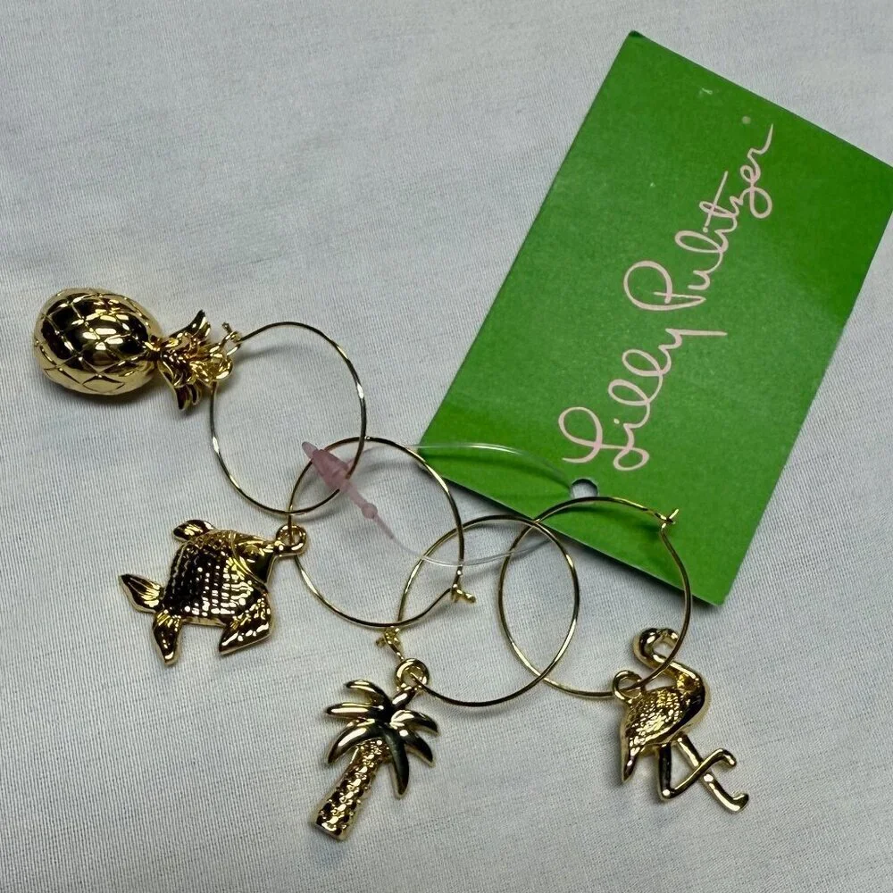 Lilly Pulitzer Gold Beverage‎ Charms Set of 4 Flamingo Palm Fish Pineapple NWT