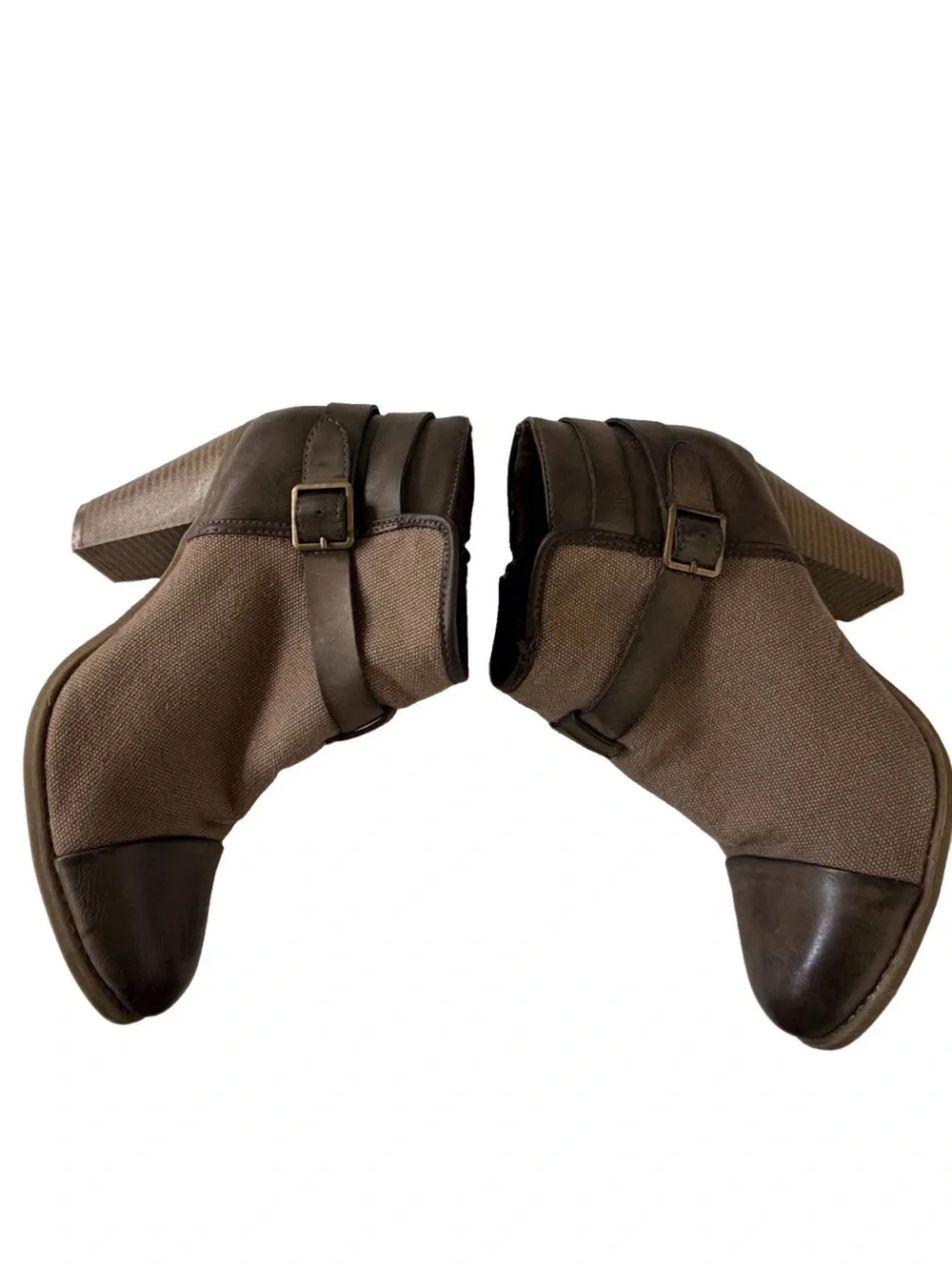 LC Lauren Conrad Farren Canvas & Leather Booties Taupe & Brown w/Buckle Size 8.5