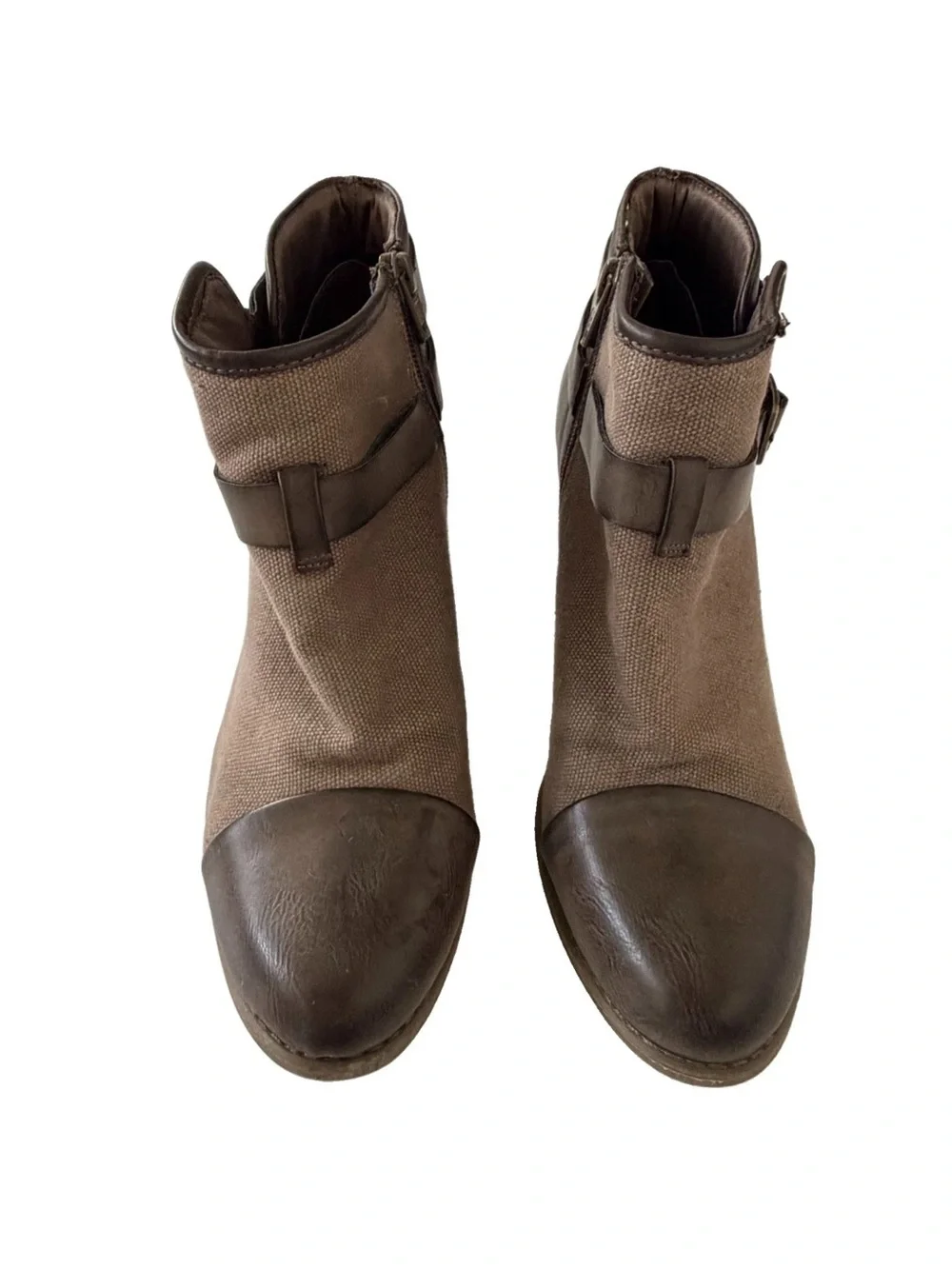 LC Lauren Conrad Farren Canvas & Leather Booties Taupe & Brown w/Buckle Size 8.5