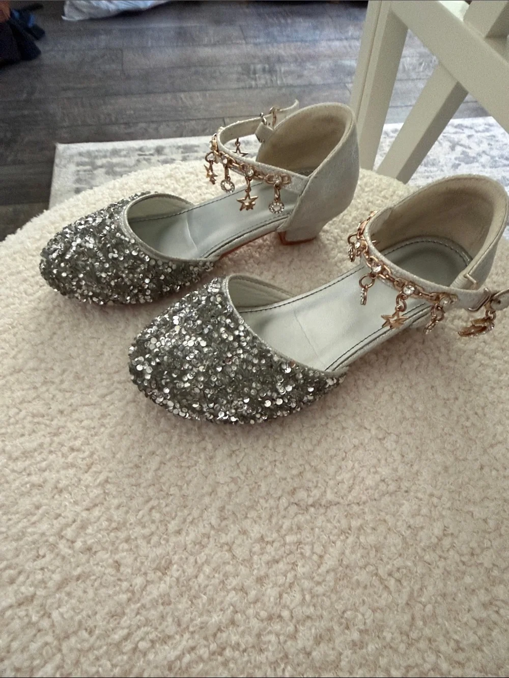Girls Silver Sequin Ankle-Strap Dress Shoes