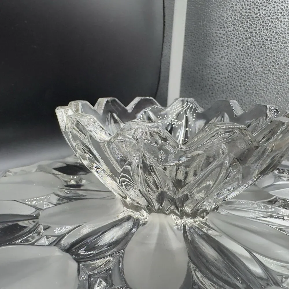 Vintage Bohemian Czech Crystal Cake Stand Frosted Clear Petal Pedestal Plate 12