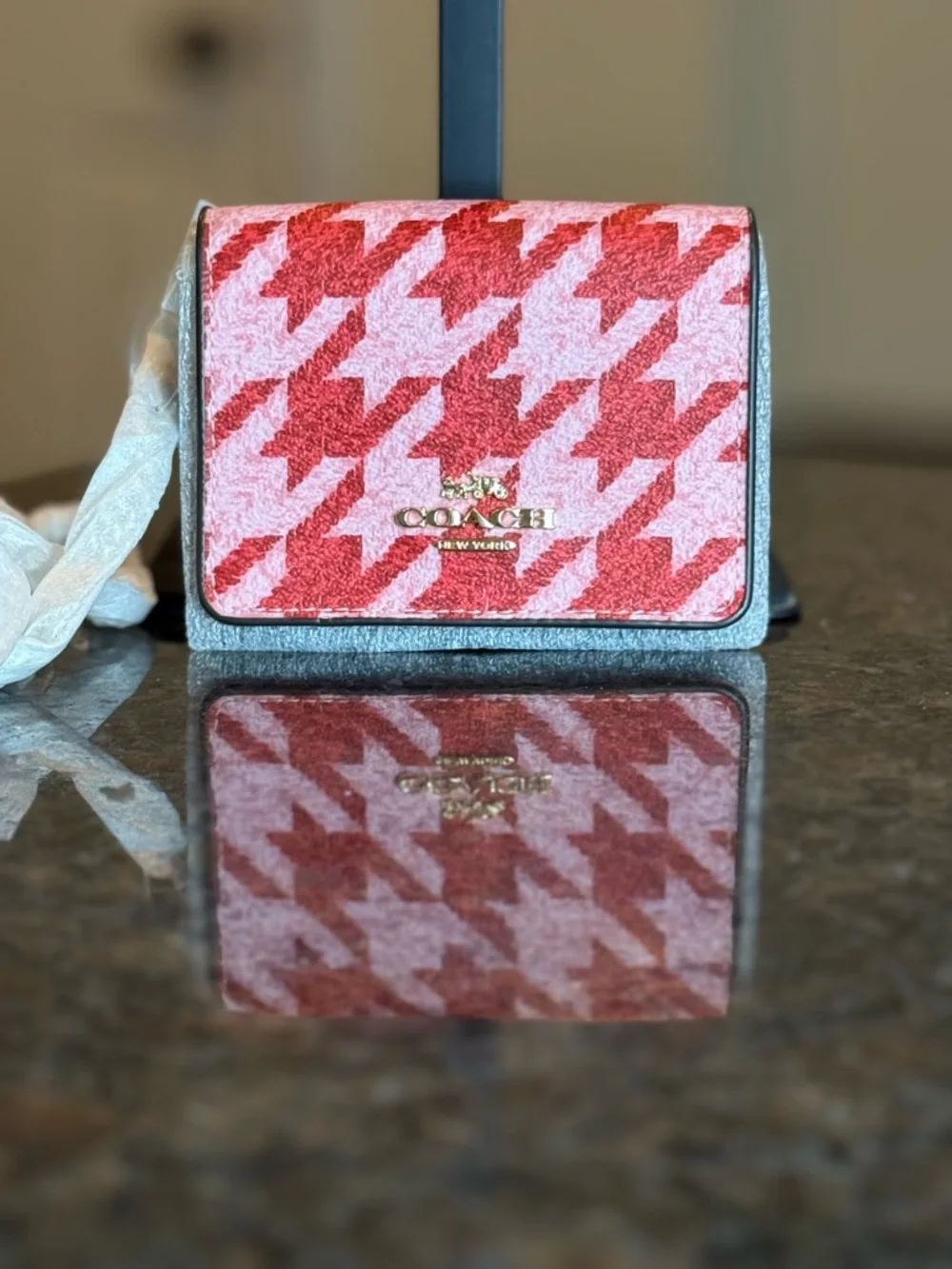 Coach Pink and Red Houndstooth Crossbody Wallet on Chain with Gold Logo