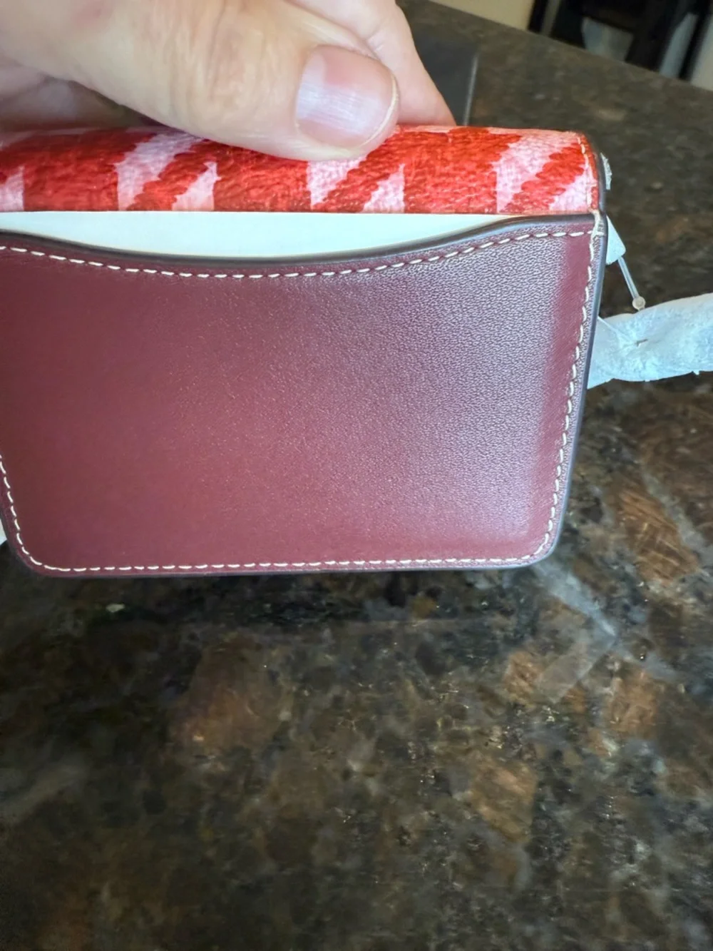 Coach Pink and Red Houndstooth Crossbody Wallet on Chain with Gold Logo