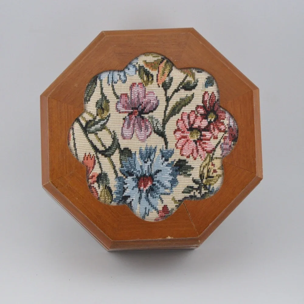 Vintage‎ Jewelry Box Brown Floral Tapestry Octagon Wood Mirror