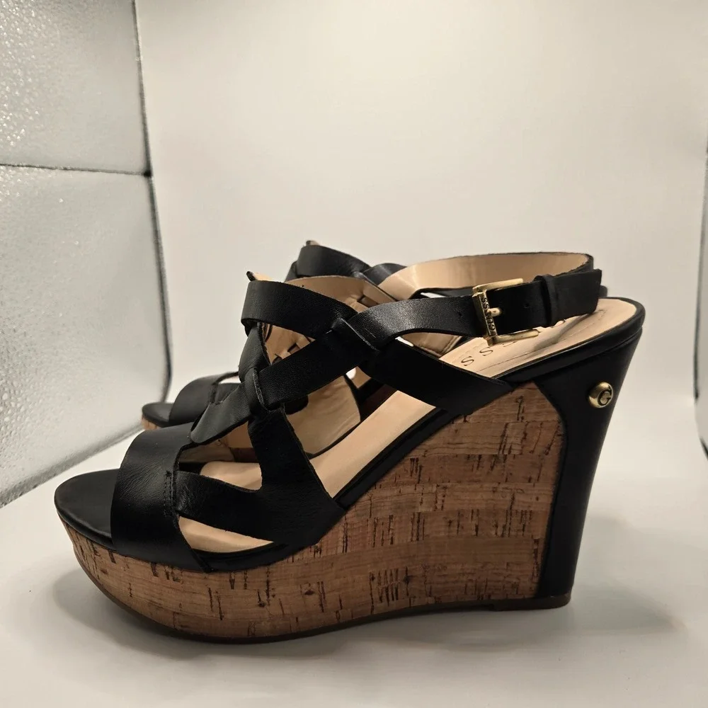 Guess Wedge Sandals Womens 8.5 Black  Leather Cork Strappy Platform (S11)