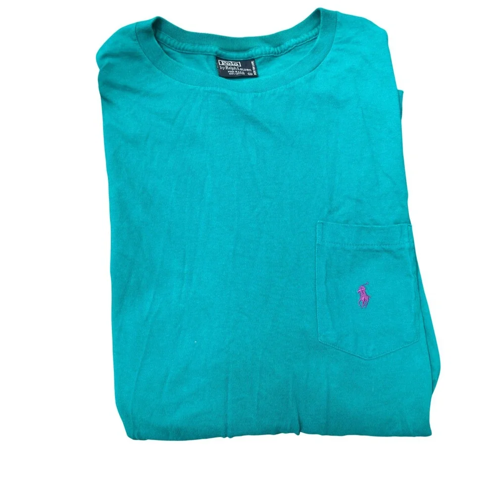 Polo Ralph Lauren T-Shirt Vintage 90s Teal Green Cotton Pocket XL Made in USA