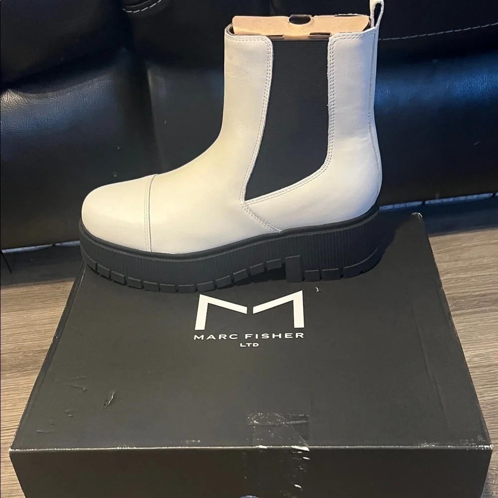 Marc Fisher White Ankle Boots with Black Panels