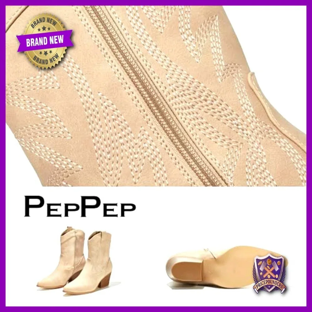 Western Cowgirl Ankle Boots Vegan Leather Embroidered Low Heel Pointed Toe