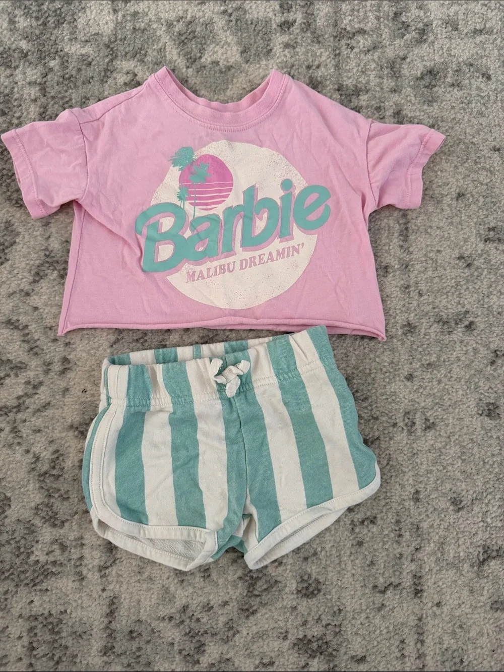 Barbie Pink Graphic Crop Tee with Aqua and White Striped Shorts