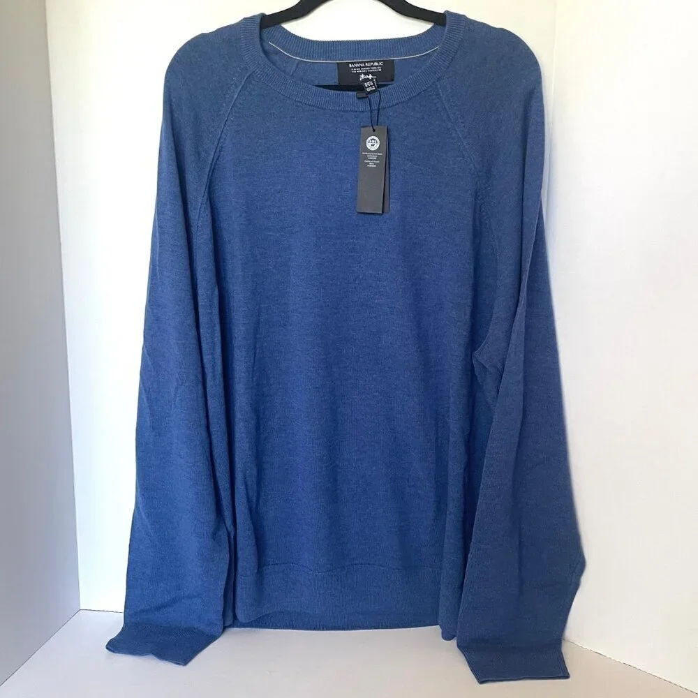 Banana Republic Merino Wool Sweater Mens XXL TALL Blue Pullover Crewneck Italian