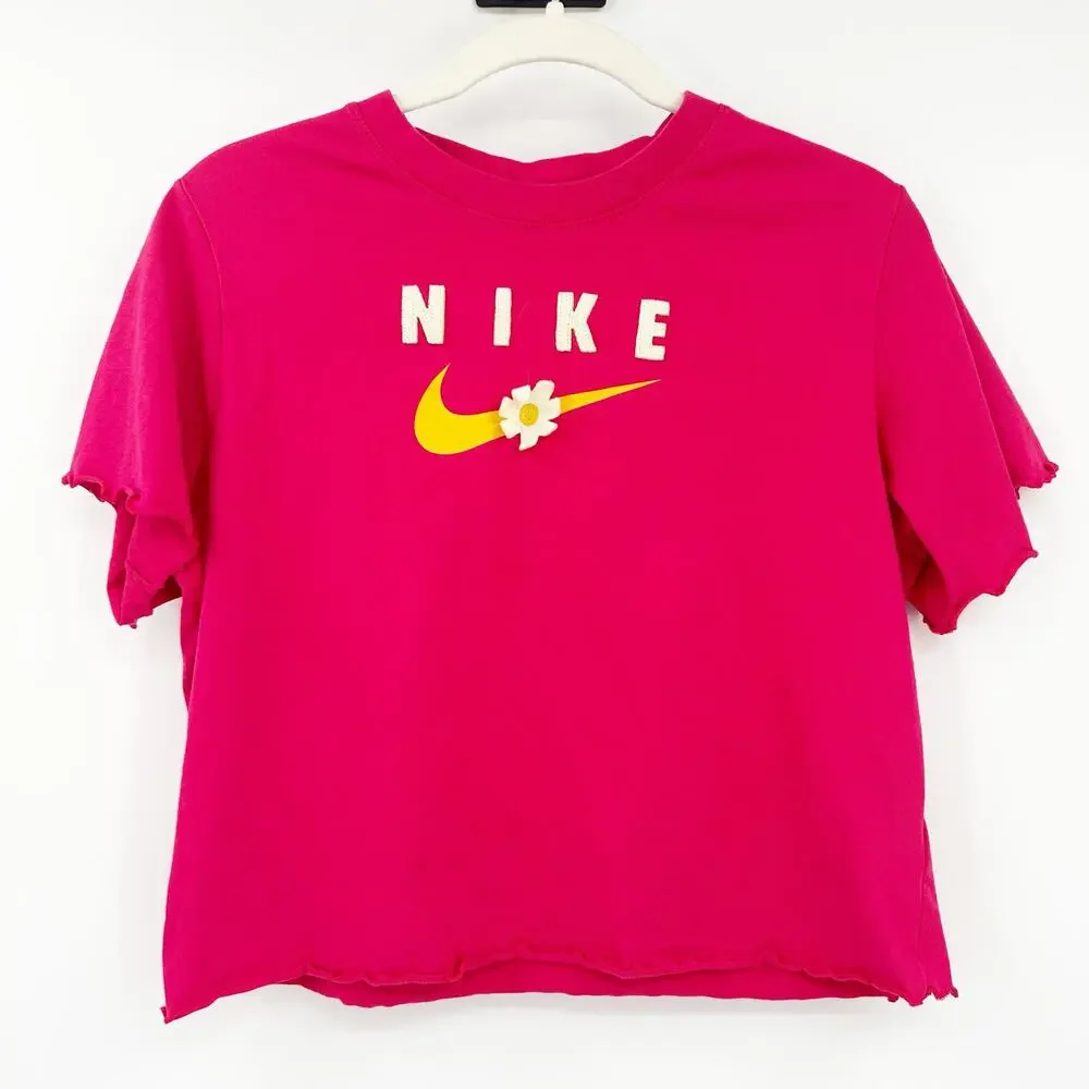 Nike Girls Sportswear Energy Boxy Frilly Flower Sunflower Swoosh Logo Boxy Tee L