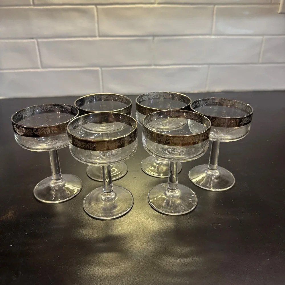 Vintage Champagne Coupe Set 6 Silver Floral Etched Rim Mid Century Clear Glass