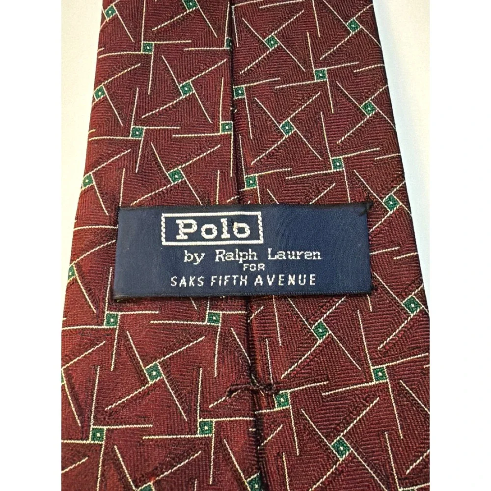 Polo‎ Ralph Lauren Tie Burgundy Green Geometric Silk Saks Fifth Avenue Vintage