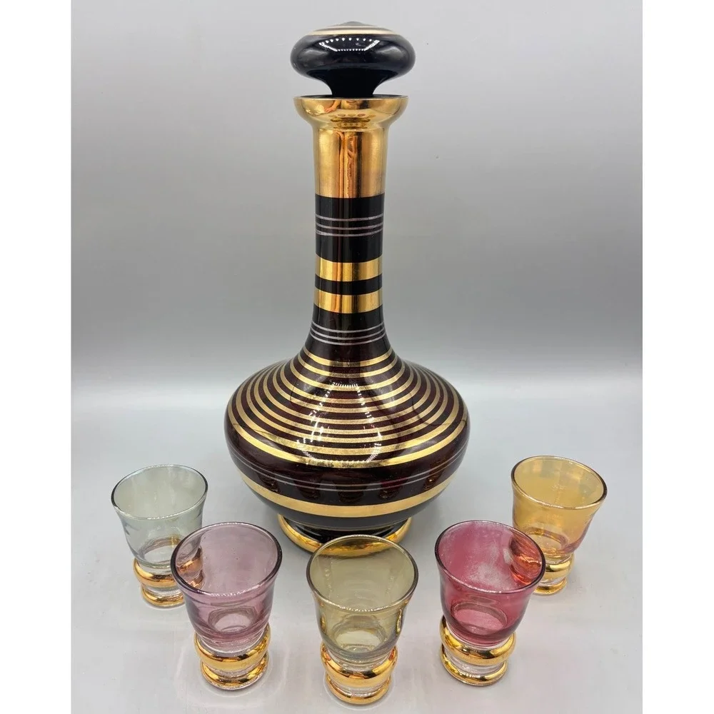Vtg Bohemian Amethyst Glass Decanter Set Gold 5‎ Cordial Glasses Barware Boho