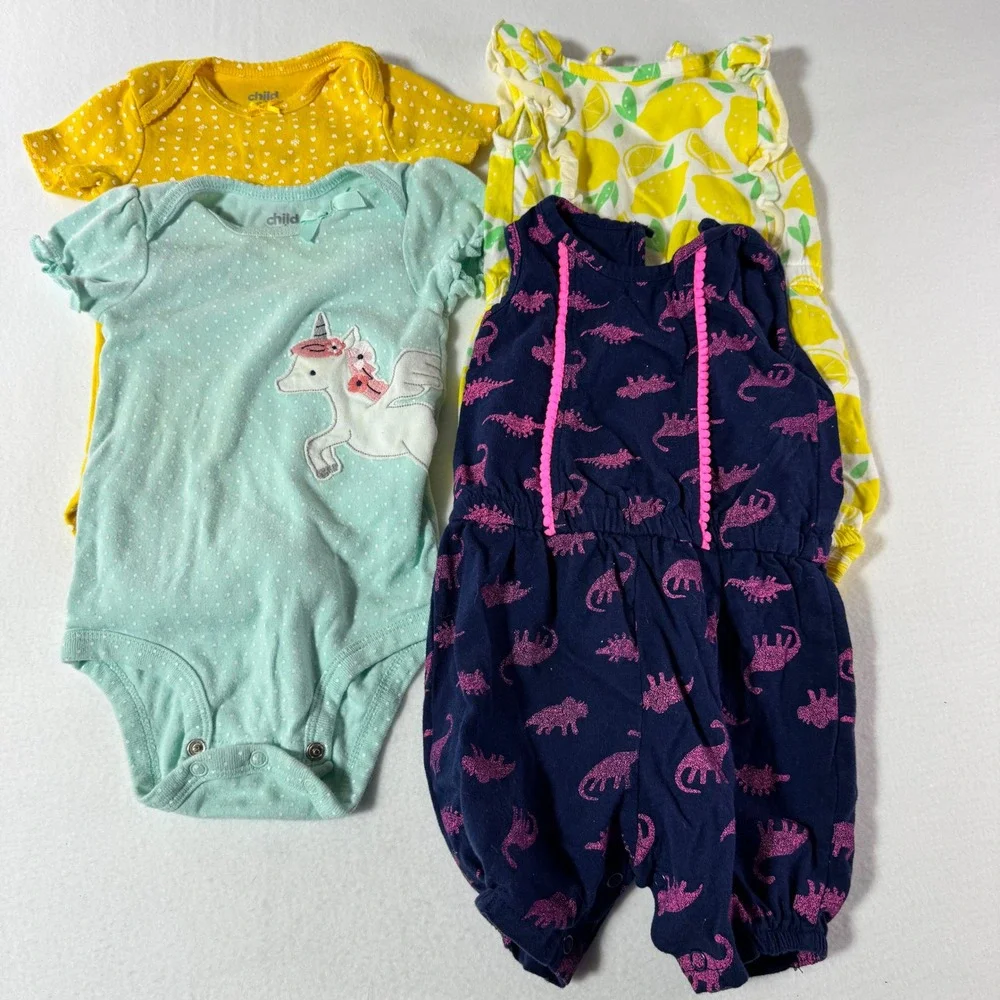 Baby Girl Clothes Lot 6-12M 9M Rompers Bodysuits Unicorn Lemon Dino 4pc