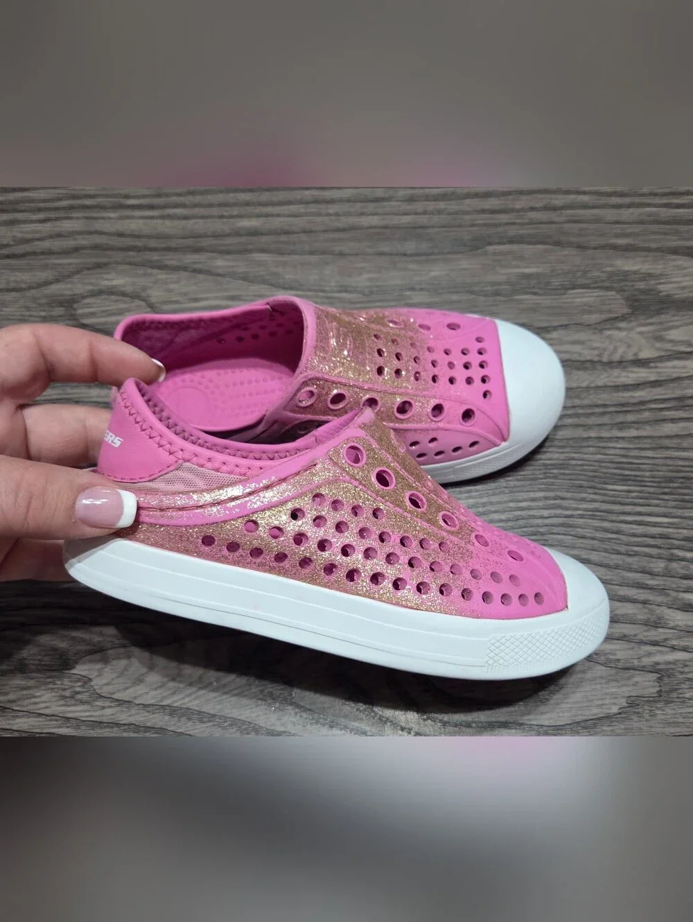 11c - Skechers Pink Glitter Slip-On Water Shoes with White Toe