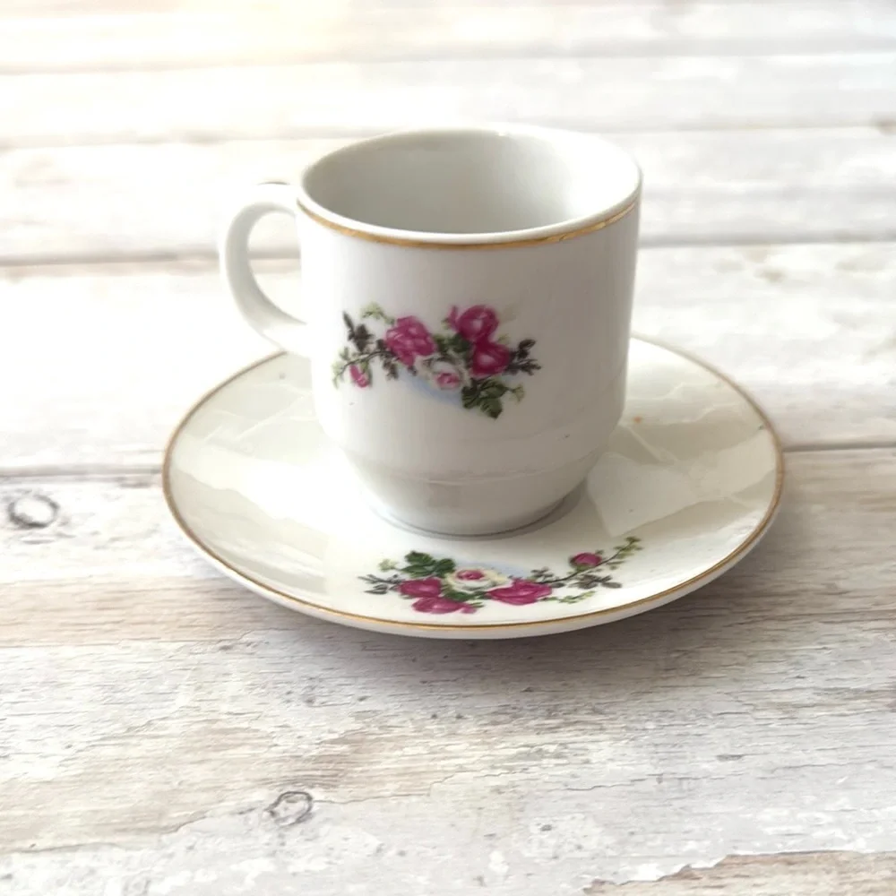 Pink Roses Floral Teacup & Saucer Set Fine China Tea Cup & Plate Gold Rim Rose