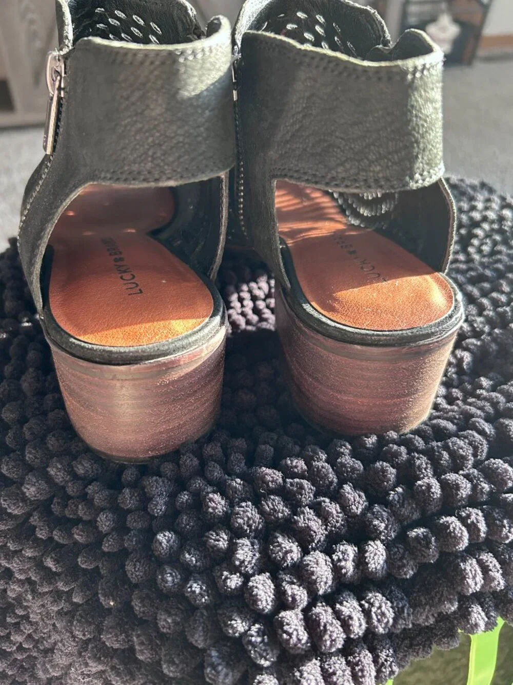 Women's Genuine Leather Lucky Brand Black Leather Mesh Peep Toe Booties Size 8
