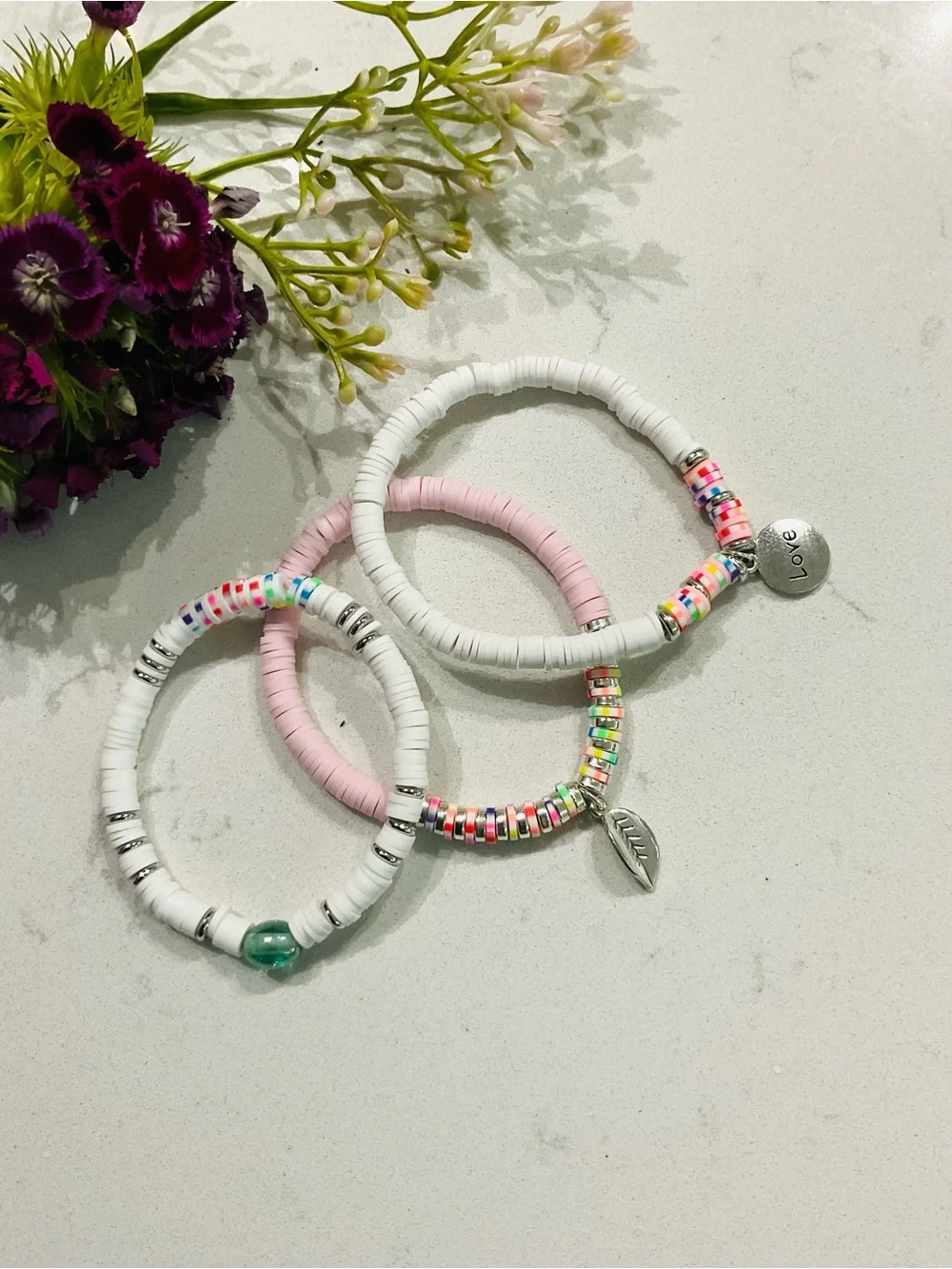 Kids Beaded Stretch Bracelet Set - White & Pink