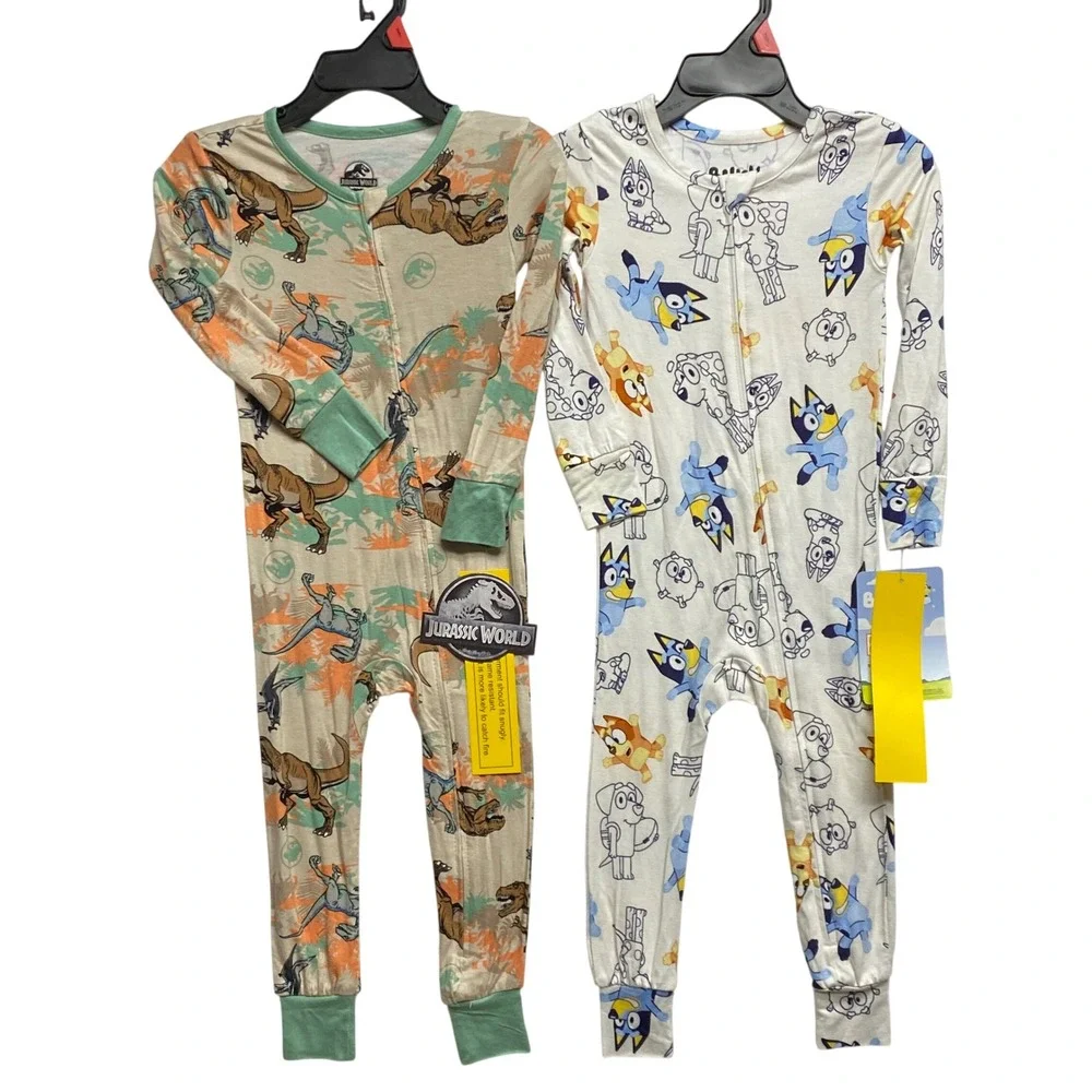 Jurassic World & Bluey Kids Pajamas Bundle 2 Pack Zip‎ Up Sleepers 12 MOs NWT