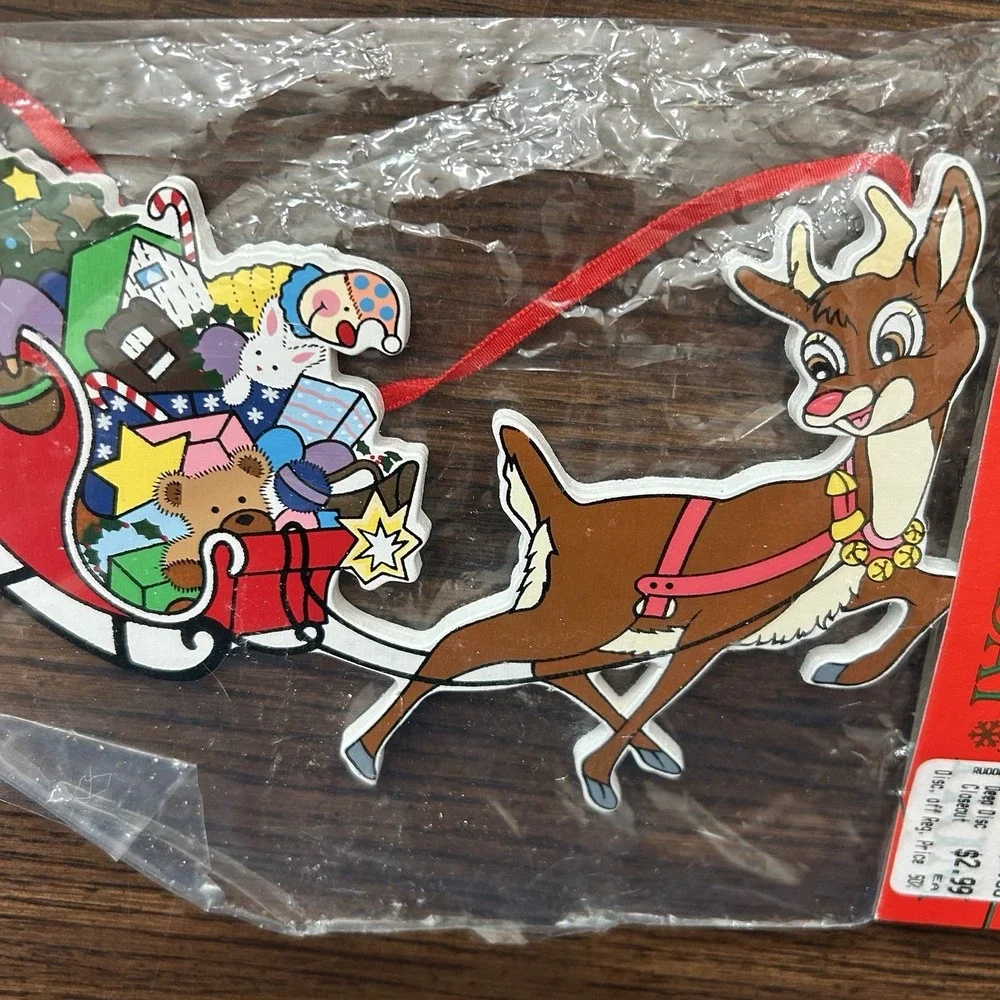 Vintage Kurt Adler Wood Christmas Ornament Rudolph Sleigh Toys NOS Santa's World