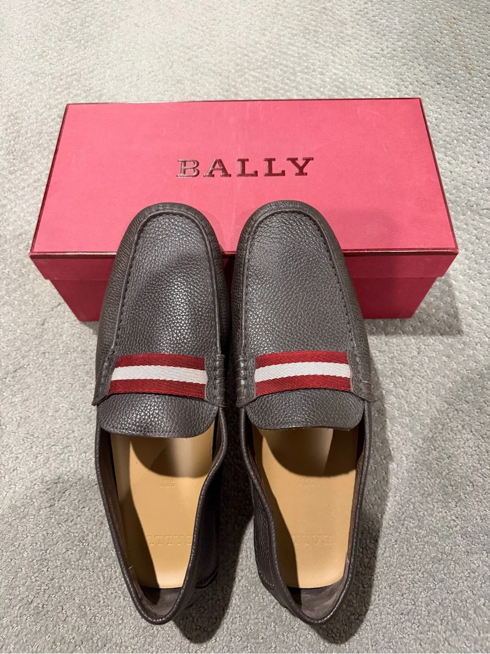 Bally Brown Pebbled Leather Loafers with Red & White Webbing