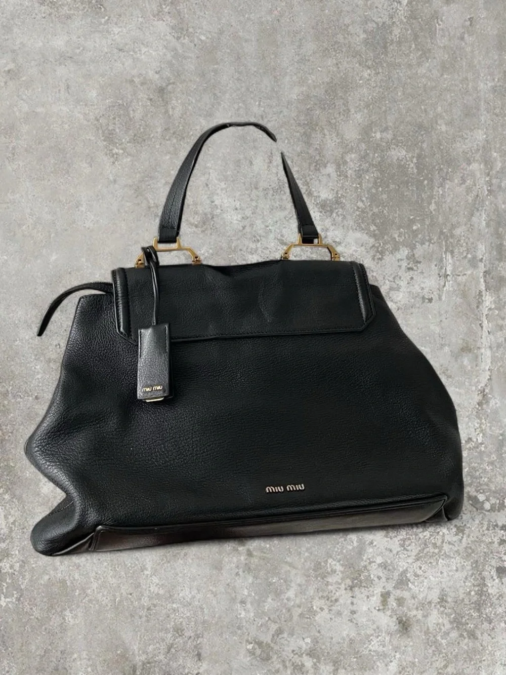 Y2K Miu Miu Black Leather Top Handle Tote with Luxury Designer Gold Accents