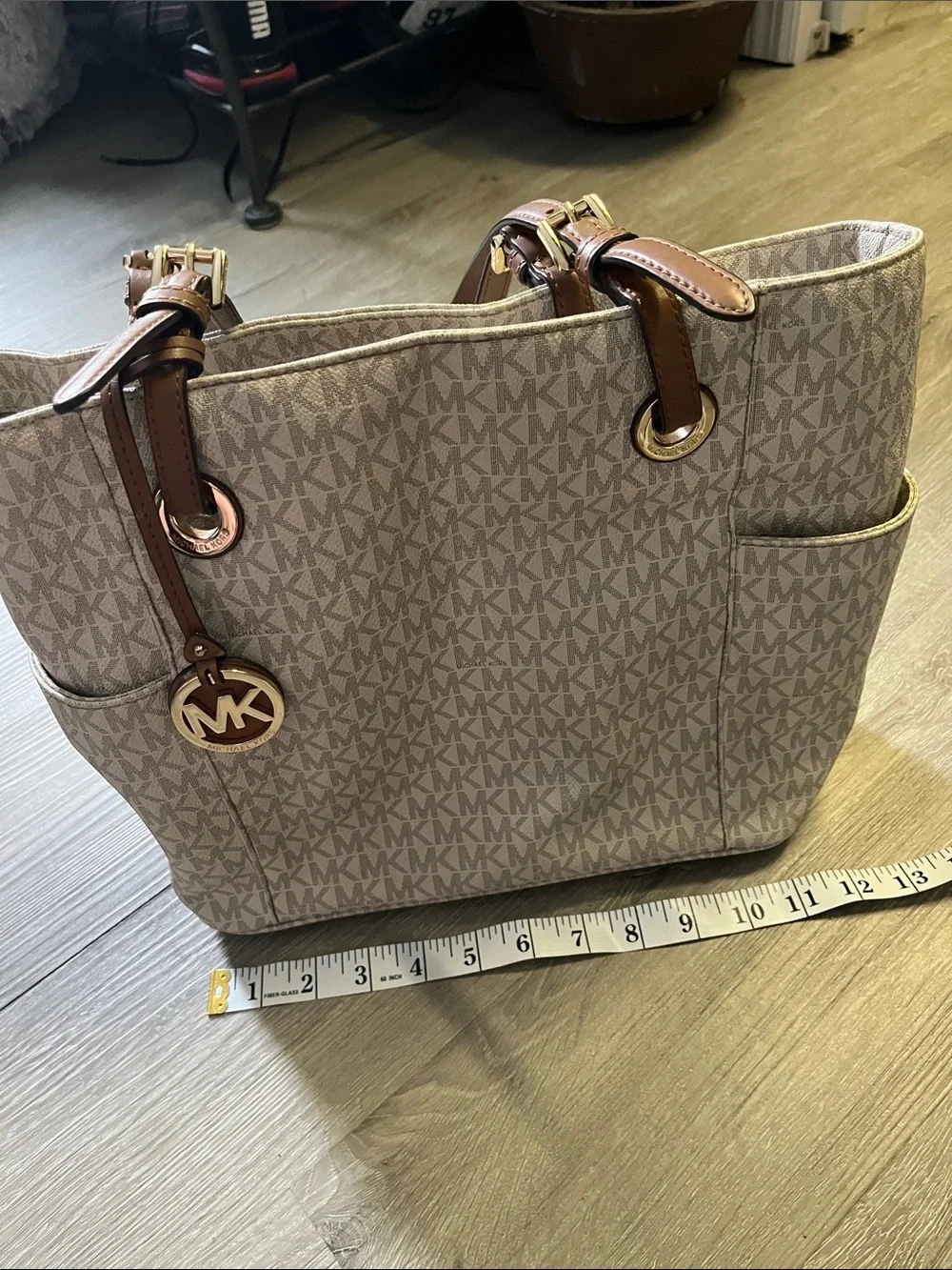 Michael Kors Cream MK Signature Tote with Brown Leather Straps