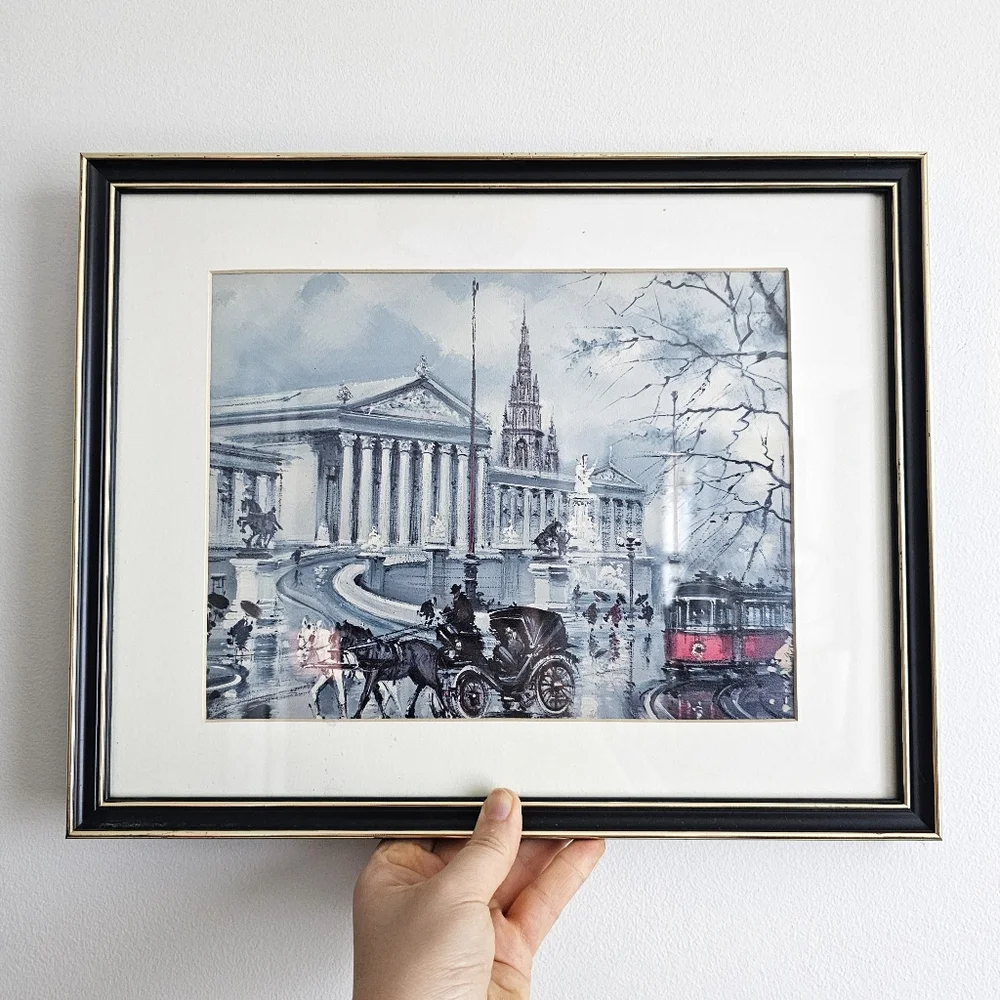 Vintage Maurice Legendre Vienna Street Scene Print Tram Horse Carriage Art