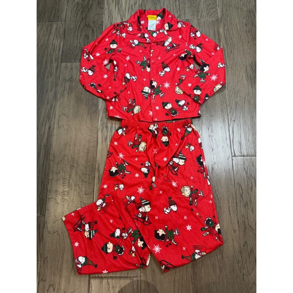 Kids Peanuts Snoopy Charlie Brown Christmas Pajama Set Size 8 Flame Resistant‎