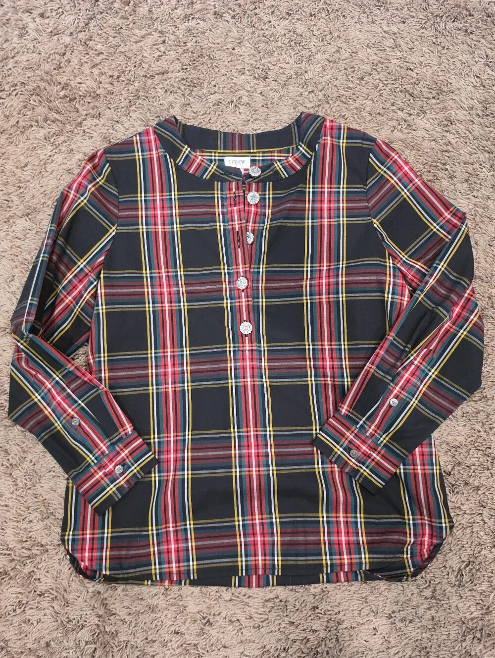 J.Crew Plaid Jeweled Button Popover Blouse Petite Small SP