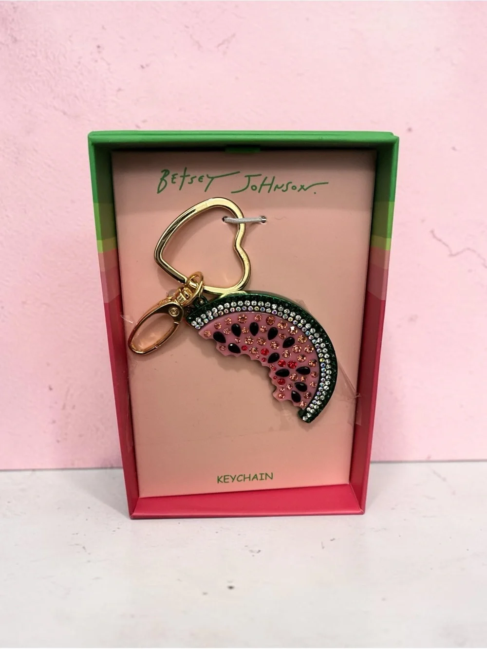 Betsey Johnson Pink & Green Watermelon Crystal Keychain with Gold Heart Clasp