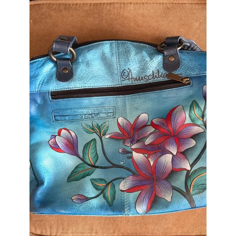 Anuschka Floral Hand Painted Leather Purse Handbag Blue