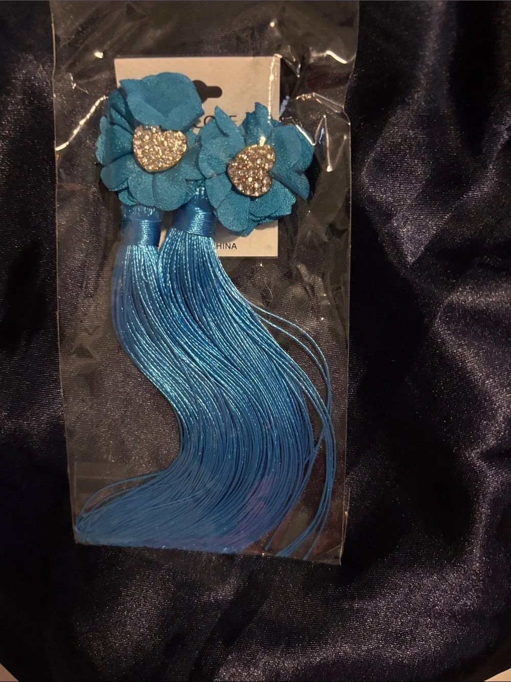 Blue Floral Tassel Hair Clips with Crystal Heart Accent