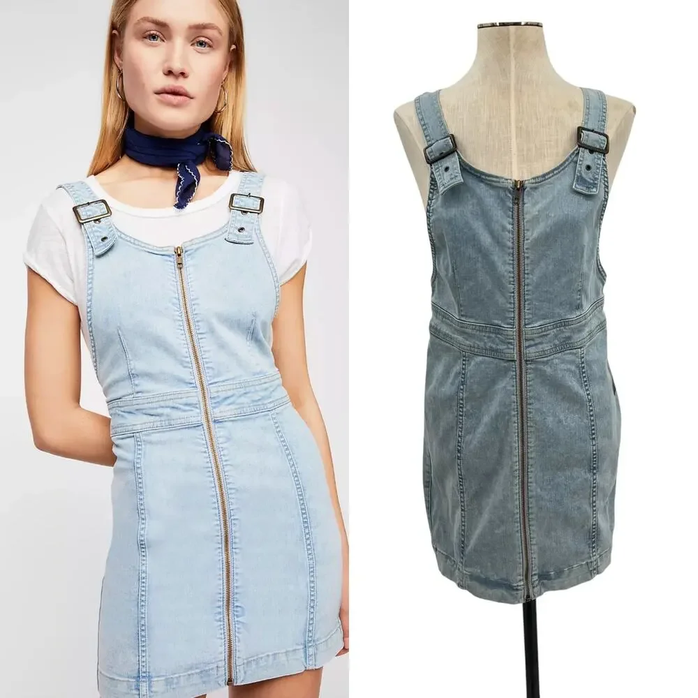 Free People Modern Femme Denim Jumper Dress Zip Front Overall Mini Size 10‎ NWT