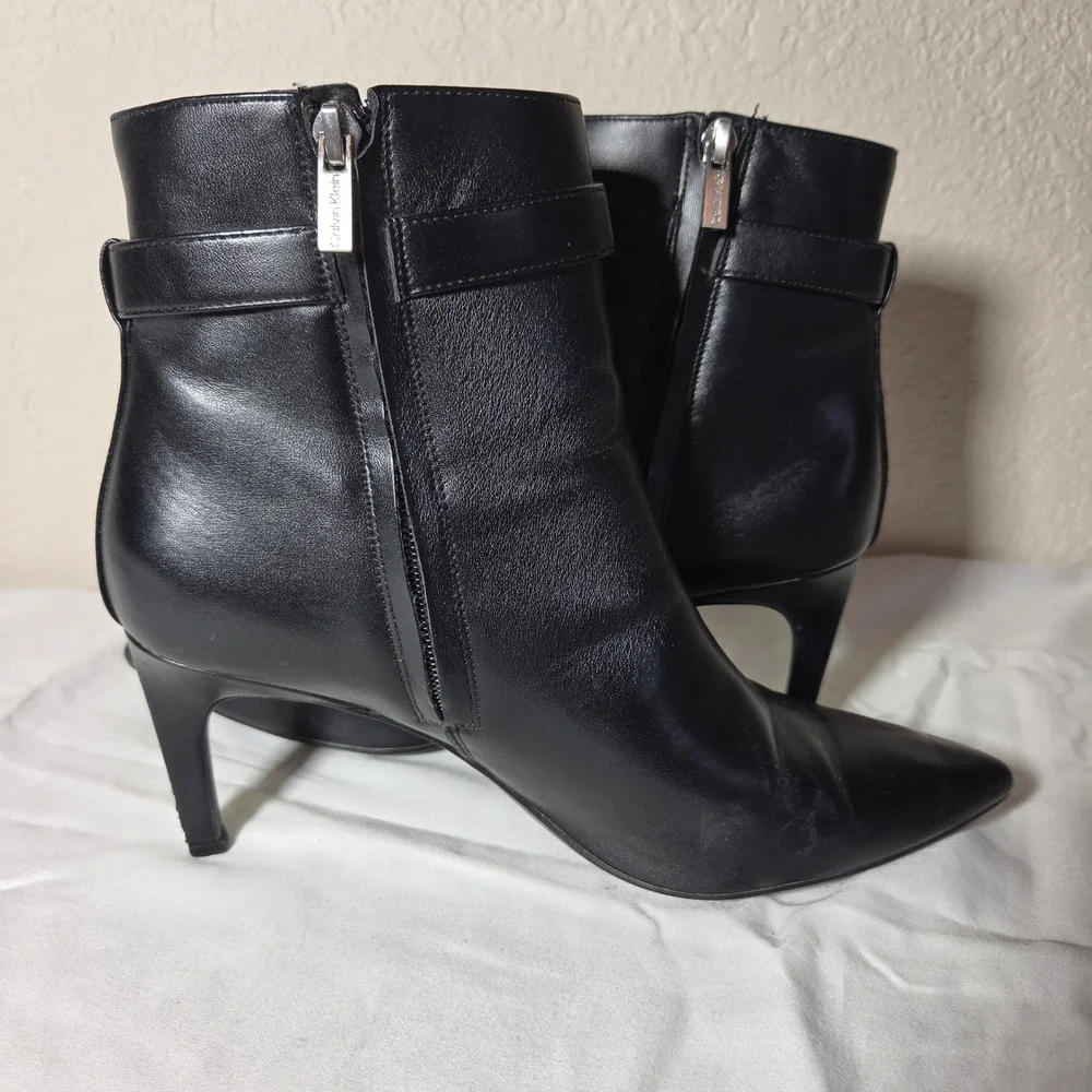 Calvin Klein Black Leather Pointed Toe Ankle Boots Silver Logo Hardware W9.5M