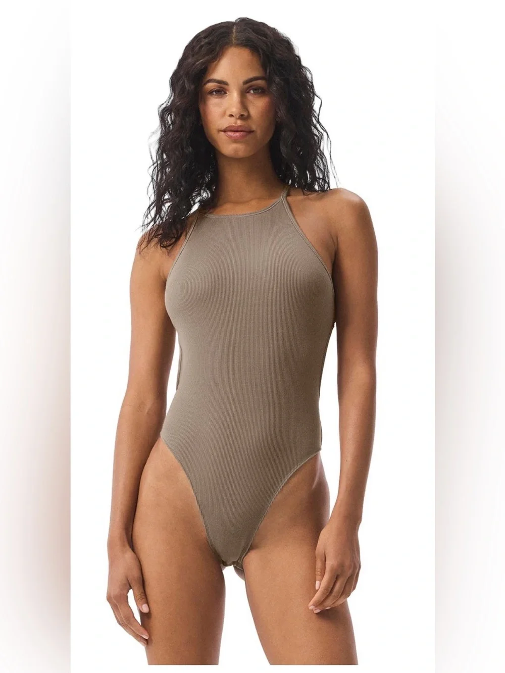 ALO Yoga Ribbed Half-Court Bodysuit – Gravel – Size Small