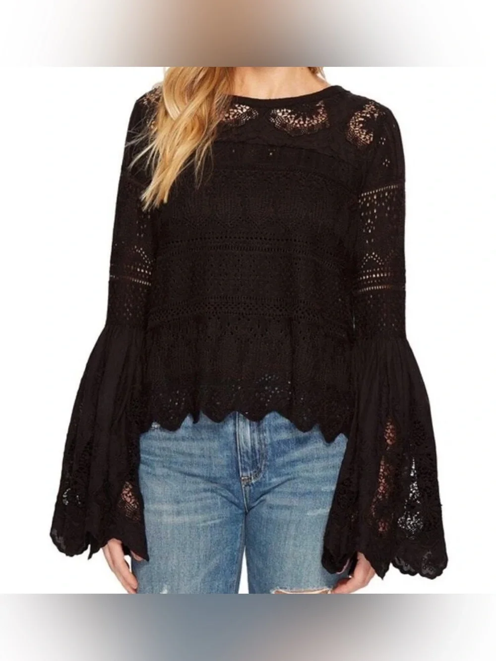 Free People Once Upon A Time Lace Bell Sleeves Top In Black