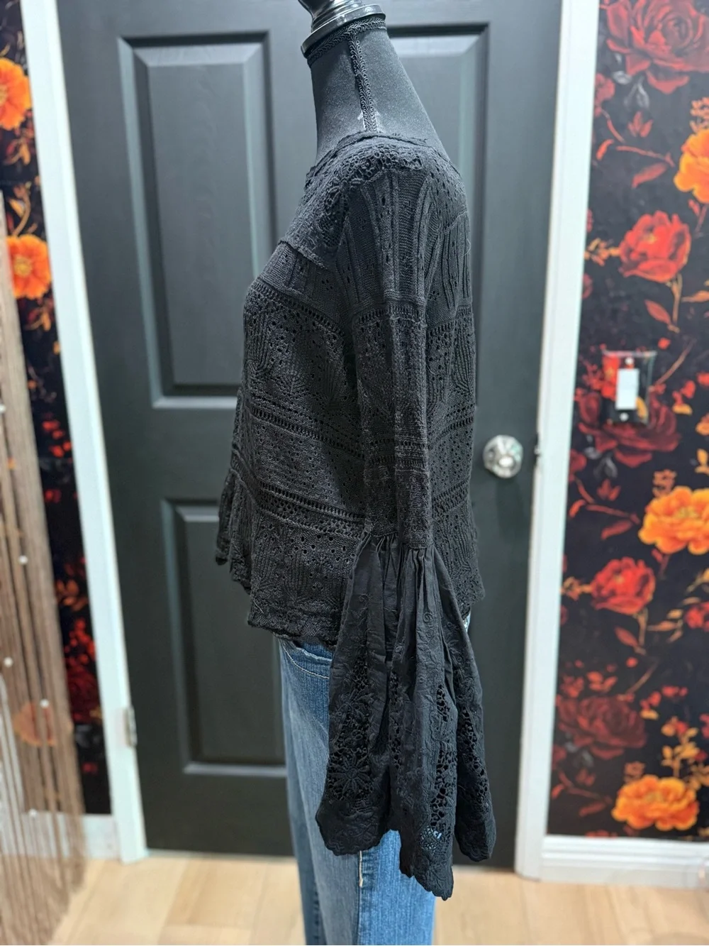 Free People Once Upon A Time Lace Bell Sleeves Top In Black