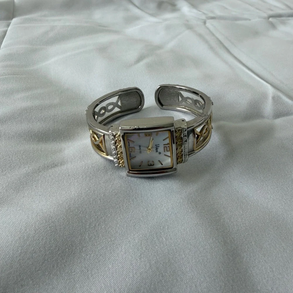 Vivani Two Tone Silver Gold Cuff Watch Mother of Pearl Dial Filigree Bracelet