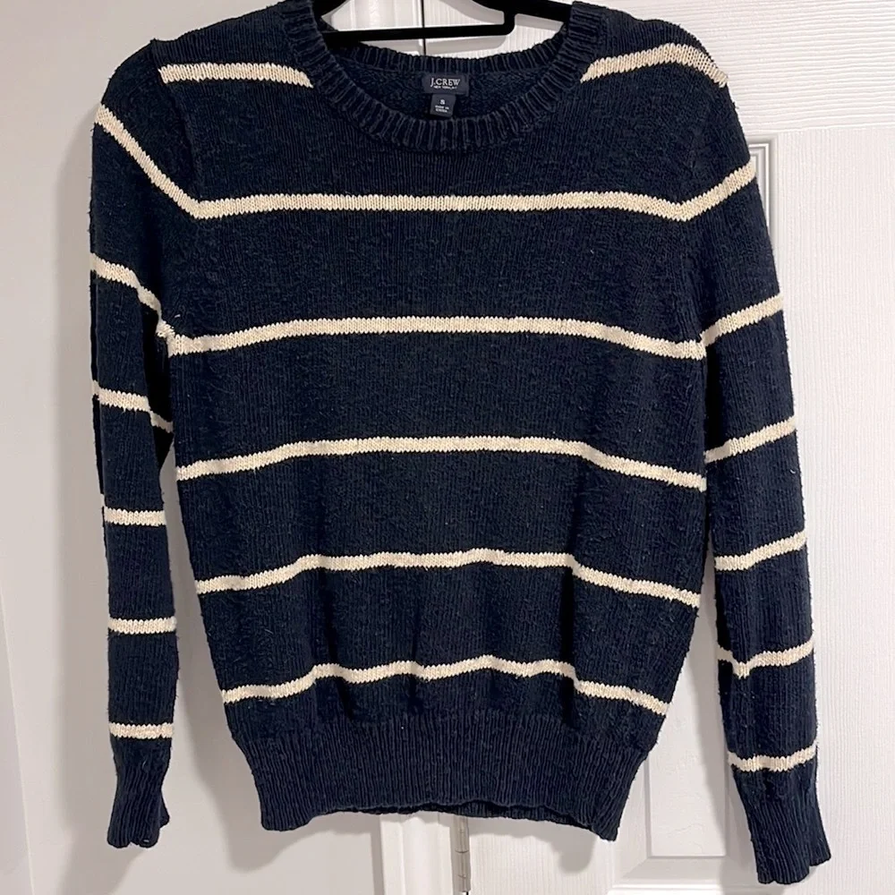 J Crew Heavyweight Cotton Stripe Crew Neck Sweater Navy Blue & Cream