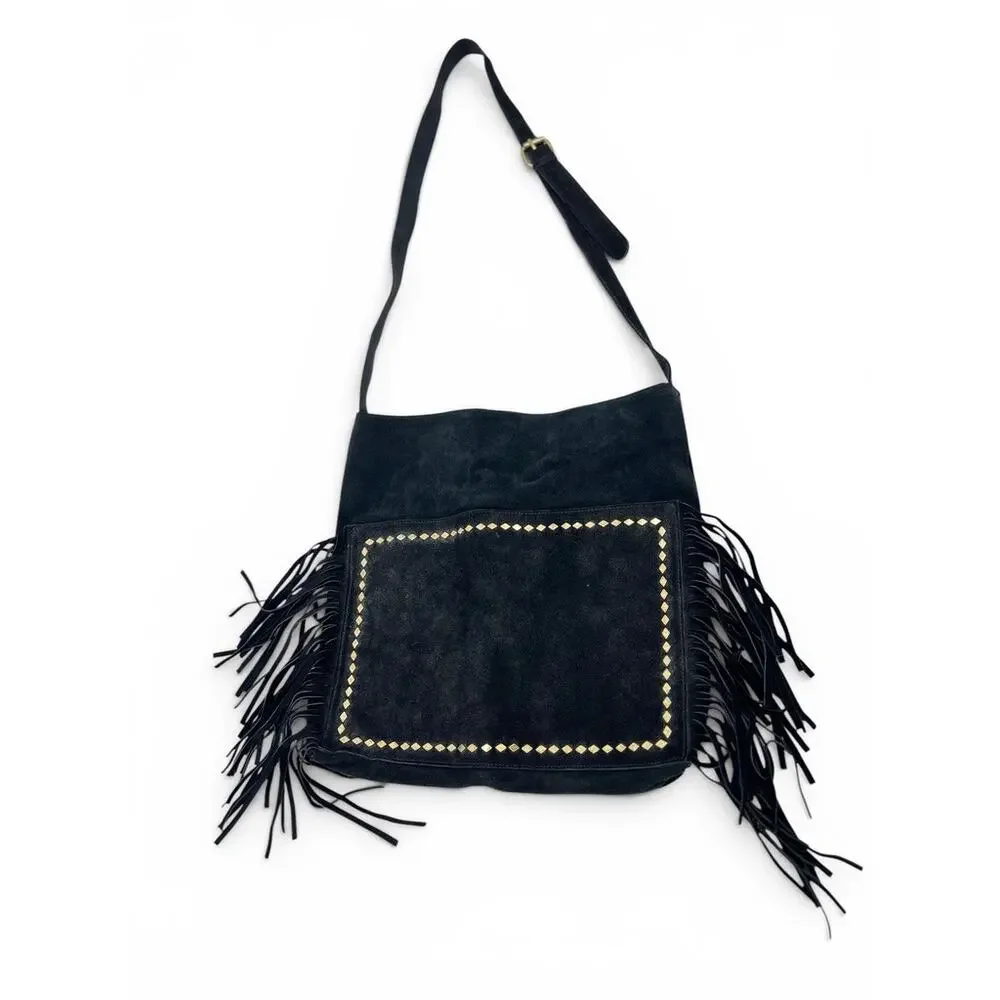 Vintage Steve Madden Black Suede Leather Fringe Studded Crossbody‎ Bag Shoulder