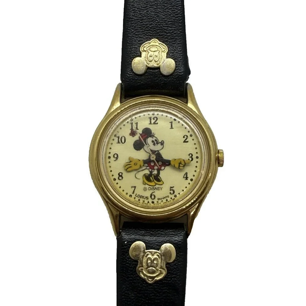 Vtg Lorus Disney World Minnie Mouse Quartz Watch V515-6080 Rotating Hands Black