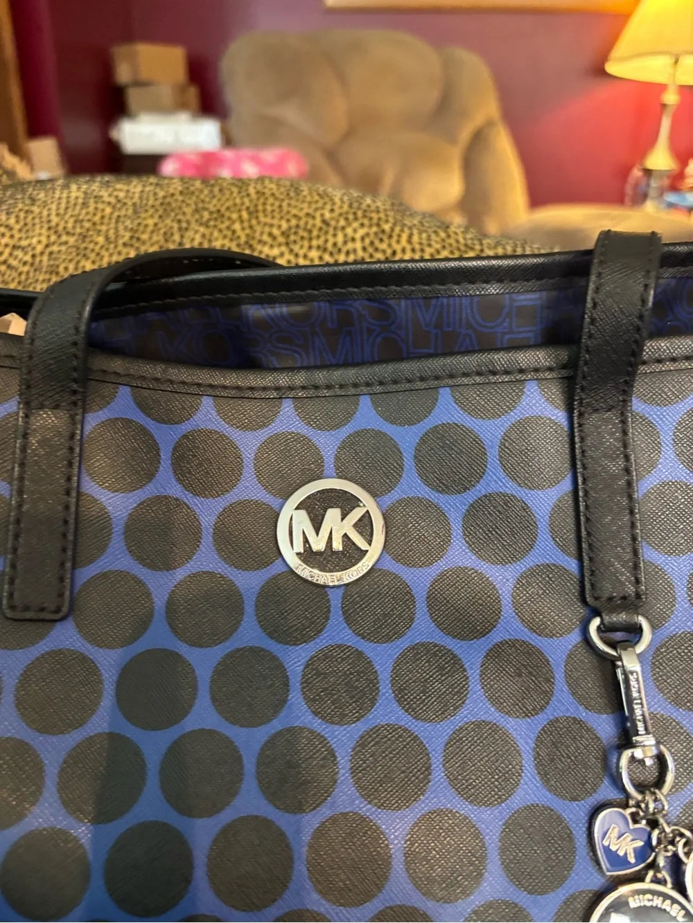 Michael Kors Blue and Black Polka Dot Tote with MK Charm